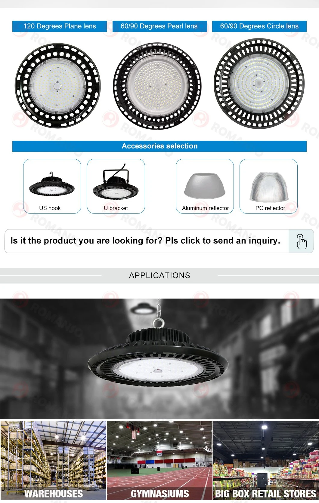 Romanso Industrial LED High Bay Light 100W 150W 200W 240W 300W 400W 500W UFO LED High Bay Light LED Lighting UFO 3000-6000K for Warehouse IP65 Waterproof